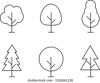 Simple Lineart Trees Icons. Vector Landscape Line Symbols. Isolated Plant Signs