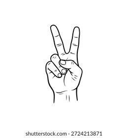 Vector de arte de línea simple de mano que muestra el signo "V" aislado sobre fondo blanco, símbolo de paz y victoria para Diseño gráfico, redes sociales y proyectos educativos