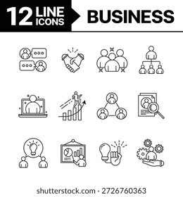 Ein einfaches, zeilenbasiertes Icon-Set für Unternehmen, einschließlich Themen wie Meetings, Planung, Geschäftswachstum und mehr.