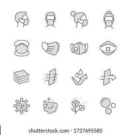 Simple Lined Face Mask Icons. Include such icons as Female, Surgery Mask, Virus, Dust and more.