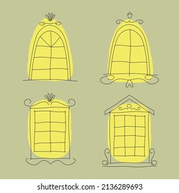 Simple lined windows vector set. Vintage style windows. Old building. Old european town. Yellow light.