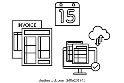 Simple line-drawing icons that evoke the image of online tax return submission (e-Tax), Vector Illustration