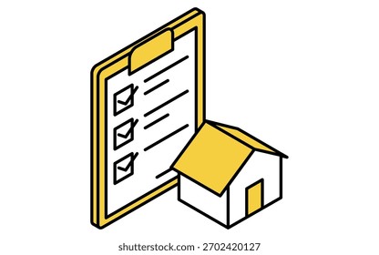 Lista de verificación de ilustración isométrica simple dibujada en línea para artículos de verificación de compra de bienes raíces, Ilustración vectorial
