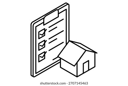 Lista de verificación de ilustración isométrica simple dibujada en línea para artículos de verificación de compra de bienes raíces, blanco y negro, Ilustración vectorial
