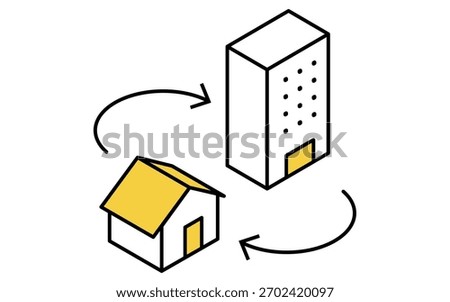 Simple line-drawn isometric illustration depicting the concept of moving from a single-family home to a condominium when purchasing real estate, Vector Illustration