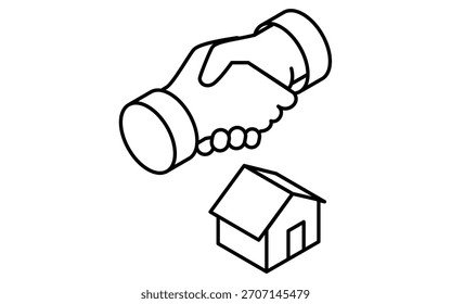 Ilustración isométrica simple dibujada en línea de un apretón de manos durante la compra de bienes raíces y la firma de contratos, blanco y negro, Ilustración vectorial