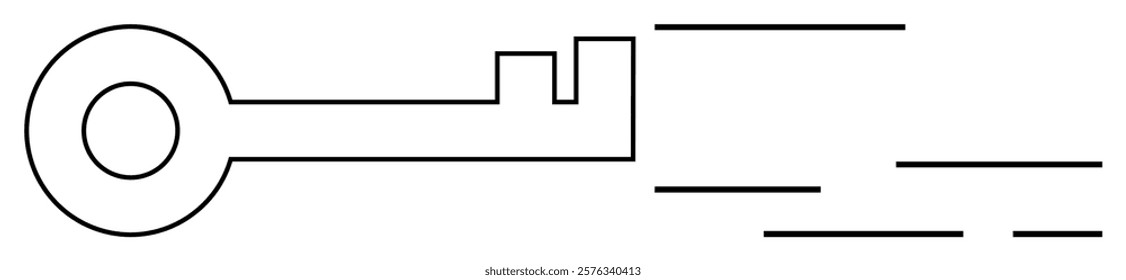 A simple line-drawn key appears to move quickly with speed lines trailing behind it. Ideal for security, access, technology, speed, and innovation. Black on white background. Minimalist style