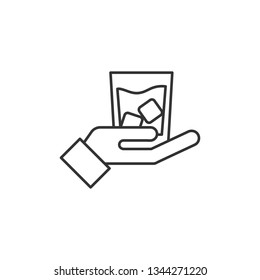 Simple liner Whiskey in the glass with ice cubes icon.