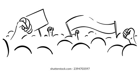 Simple lines of a crowd, with fist, flag and banners on white background.