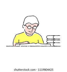 Simple lines drawing with boy study reading book, vector illustration design.