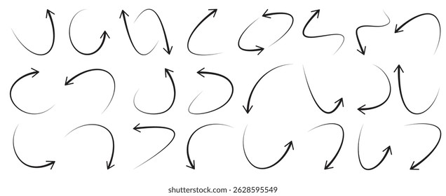 A simple lines hand drawn black arrows set in various style, curved, sketch, isolated on transparency background