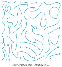  simple lines hand drawn blue arrows in various style. Set of simple of hand drawn blue arrows. Set of simple lines hand drawn blue arrows. Various of simple lines arrows collection.