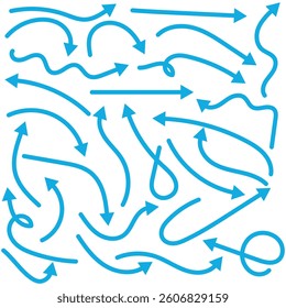  simple lines hand drawn blue arrows in various style. Set of simple of hand drawn blue arrows. Set of simple lines hand drawn blue arrows. Various of simple lines arrows collection.