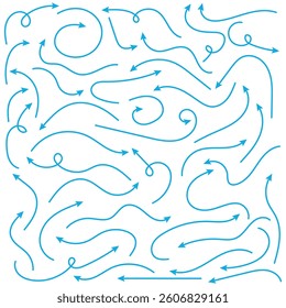  simple lines hand drawn blue arrows in various style. Set of simple of hand drawn blue arrows. Set of simple lines hand drawn blue arrows. Various of simple lines arrows collection.