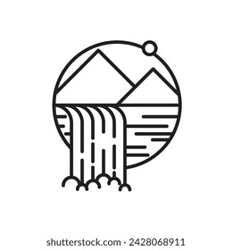 simple lines of natural scenery of mountains and waterfalls logo vector