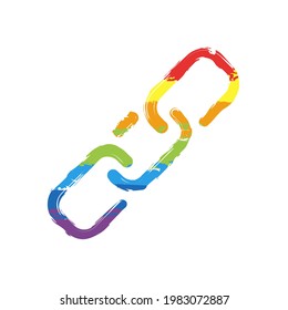 Simple link icon, metal chain, hyperlink symbol. Drawing sign with LGBT style, seven colors of rainbow (red, orange, yellow, green, blue, indigo, violet