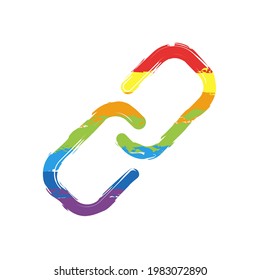 Simple link icon, metal chain, hyperlink symbol. Drawing sign with LGBT style, seven colors of rainbow (red, orange, yellow, green, blue, indigo, violet