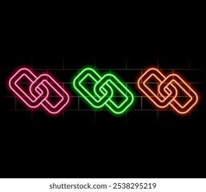 Simple link icon, metal chain, hyperlink symbol. Orange neon style on black background. Light linear icon with editable stroke.