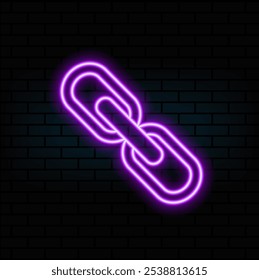Simple link icon, metallic chain, hyperlink symbol. Purple neon style..