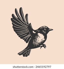 A simple linocut print of a bird in flight. Woodcut style of vector illustration. Block print.