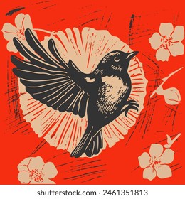 A simple linocut print of a bird singing in flight, with  flowers around it. Woodcut style of vector illustration. Red and black color palette