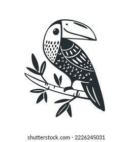 Einfache linocut-Style-Illustration mit Toucan auf Zweig. Linocut Vektorgrafik für Drucke, Kleidung, Verpackung und Postkarten.