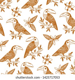 Simple linocut style pattern with toucan. Cartoon vector illustration for prints, clothing, packaging and postcards. 