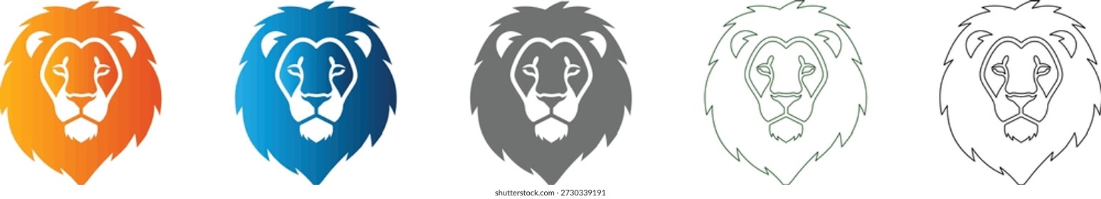 Un simple icono plano de cabeza de león en forma de Vector negro sólido, aislado y parte de un conjunto de iconos unificados, que representa la fuerza y el poder.