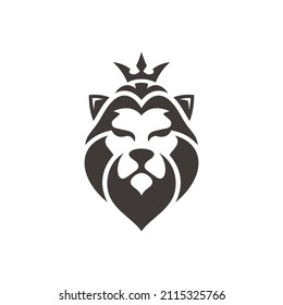 Simple Lion Head Logo Design, Front View, Geometric. Lion Face, King Crown Crest Badge Emblem Vector Icon