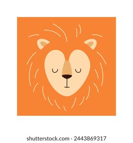 Simple lion portrait. Cute animal head portrait, kawaii lion face flat illustration