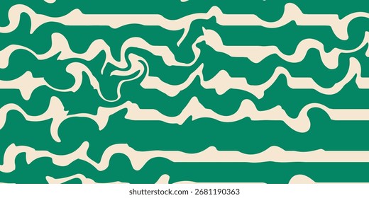Simple liquid abstract background with green and beige wavy lines pattern. Groovy backdrop in retro 60-70s style. Cool funky ripple stripes design.