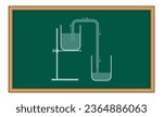 Simple liquid siphon physics principles. Siphon water from lower level to higher level. Scientific diagram. Physics resources for teachers. Vector illustration isolated on chalkboard.