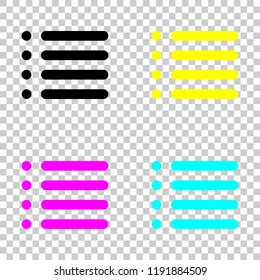 Simple list menu icon. Colored set of cmyk icons on transparent background