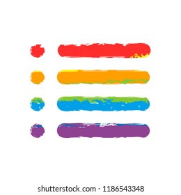 Simple list menu icon. Drawing sign with LGBT style, seven colors of rainbow (red, orange, yellow, green, blue, indigo, violet