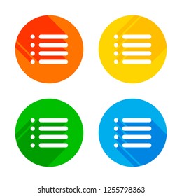 Simple list menu icon. Flat white icon on colored circles background. Four different long shadows in each corners