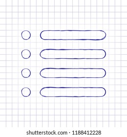 Simple list menu icon. Hand drawn picture on paper sheet. Blue ink, outline sketch style. Doodle on checkered background