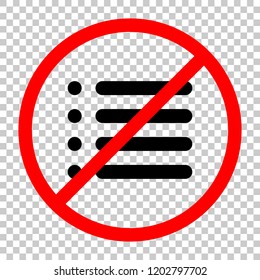 Simple list menu icon. Not allowed, black object in red warning sign with transparent background