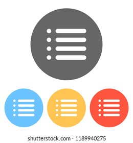 Simple list menu icon. Set of white icons on colored circles