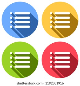 Simple list menu icon. Set of white icons with long shadow on blue, orange, green and red colored circles. Sticker style