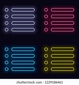 Simple list menu icon. Set of neon sign. Casino style on dark background.