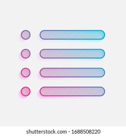 Simple list menu icon. Technology logo with diagonal lines and colored gradient. Neon graphic, light effect. Blue and red colors