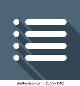 Simple list menu icon. White flat icon with long shadow on background