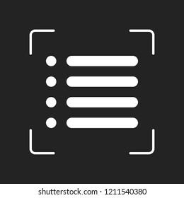 Simple list menu icon. White object in camera autofocus on dark background