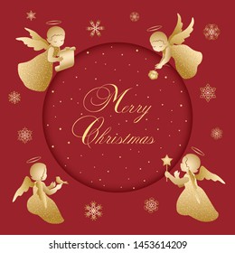 Simple little cute angels with golden shiny wings around a banner with a calligraphy font congratulations text Merry Christmas. Angels with bird, candle, flower and snowflakes on a red background.