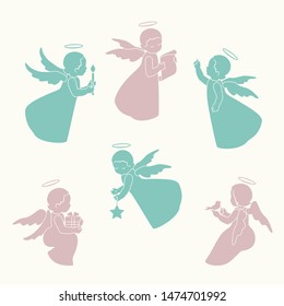 Simple little cute angels with halo on a light background. Set of angels with bird, candles, gift, stars, scroll for Christmas or Easter design.