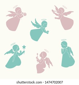 Simple little cute angels with halo on a light background. Set of angels with bird, candles, flower, stars for Christmas or Easter design.