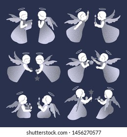 Simple little cute angels with silver shiny wings on a dark background. Set of twelve angels with birds, candles, flowers, gift, stars, scroll for Christmas design.