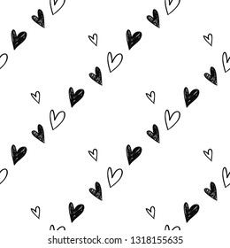 Simple little hearts. Hand drawn black line seamless pattern on white background. Doodle brush, pen, marker illustration. Scribble ornament backdrop.