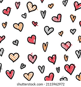 Simple little hearts. Hand drawn black line seamless pattern on white background. Doodle brush, pen, marker illustration. Scribble ornament backdrop.