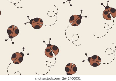 Simple little lady bugs with a flight path buzzing around on a soft neutral background, 3 colors